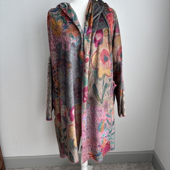 NATURAL LIFE Dresses & Skirts - Natural Life Long Cozy Patchwork Blanket Kimono Pink Trim S/M Sherpa Lined Boho